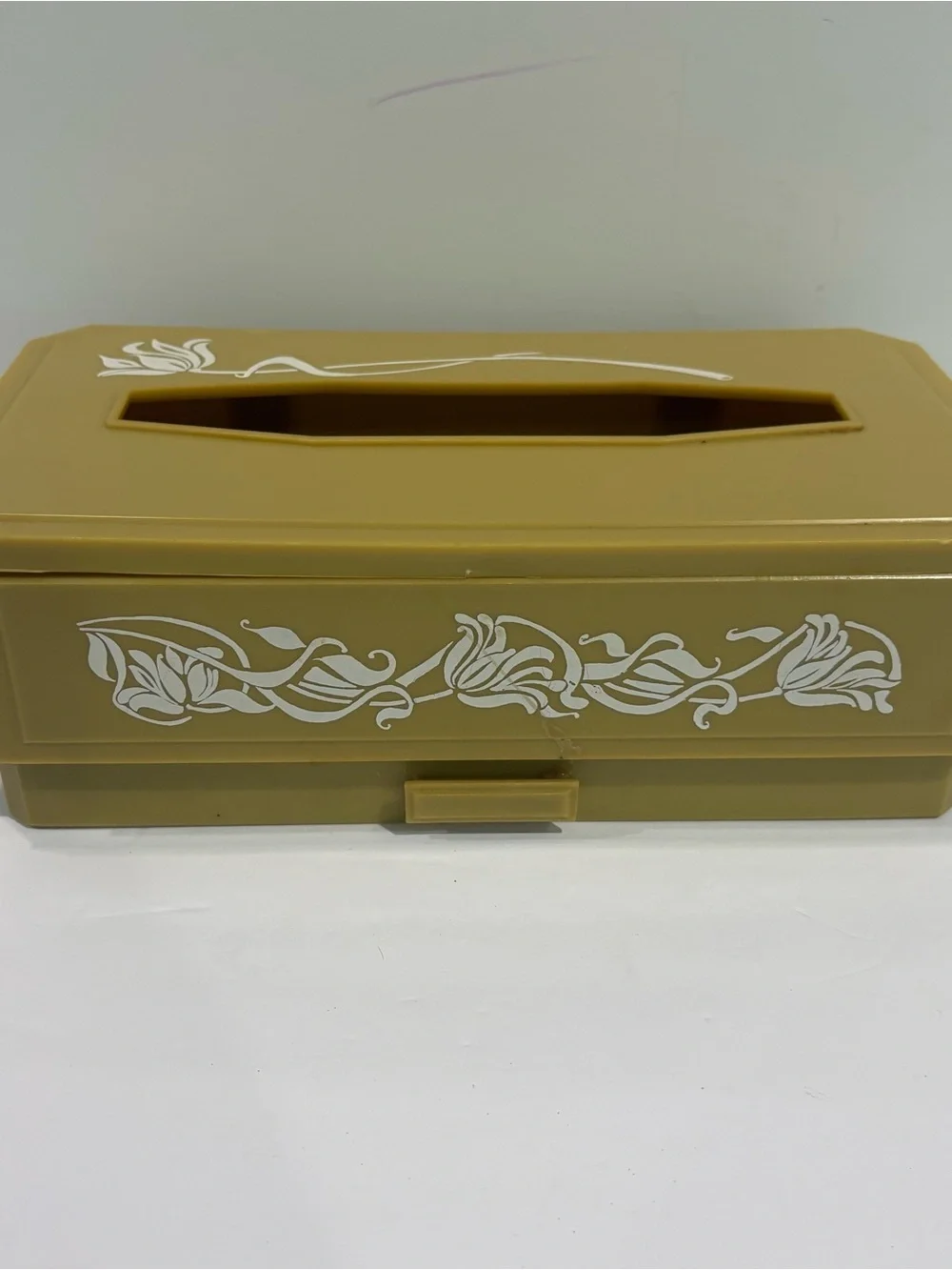 Vintage MCM Yellow Plastic Tissue Box Cover White Flowers With Drawer 70s Retro